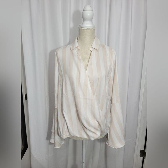 HYFVE striped wrap blouse Sz M Tan - Picture 11 of 13